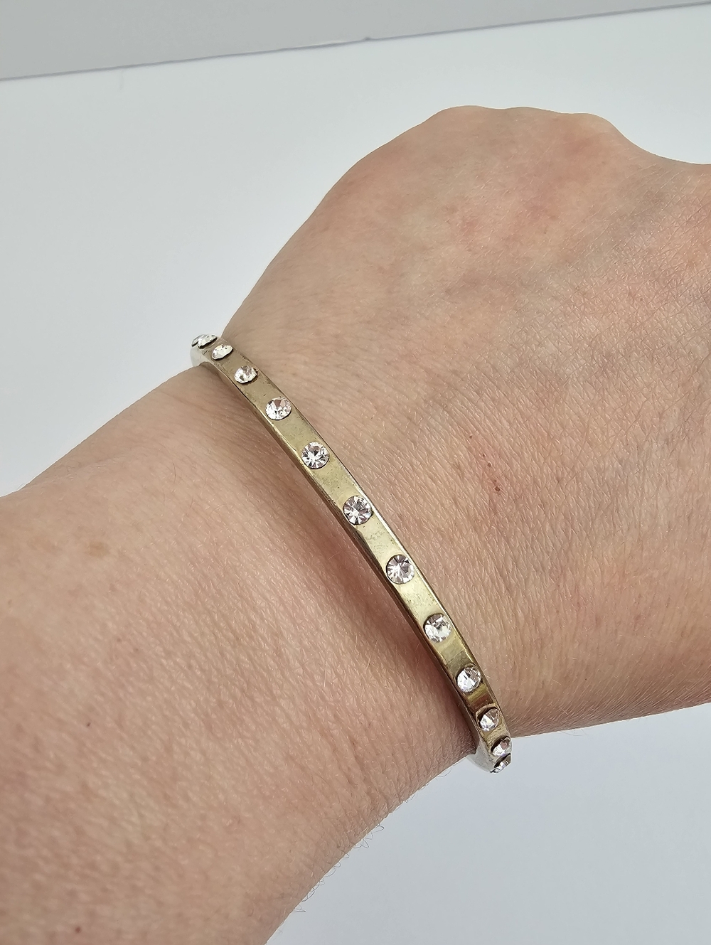 Vintage Gold Plated Rhinestone Bangle, Clear Crystal Eternity Bracelet Stackable